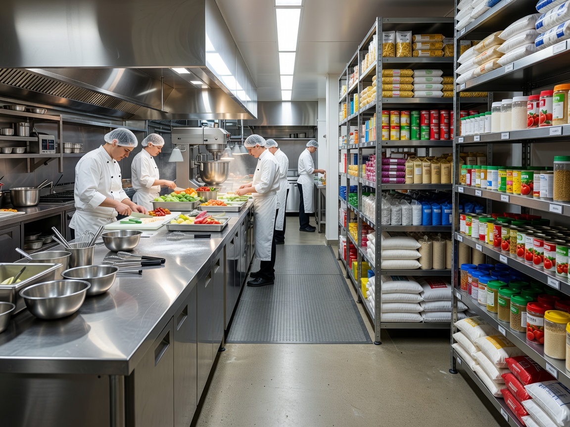 Commercial hospitality kitchen with stainless preparation lines and dry storage transition area