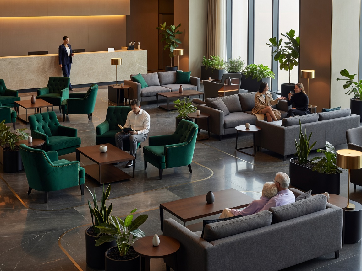 Hotel lobby lounge with discreet circulation paths for guest-area monitoring