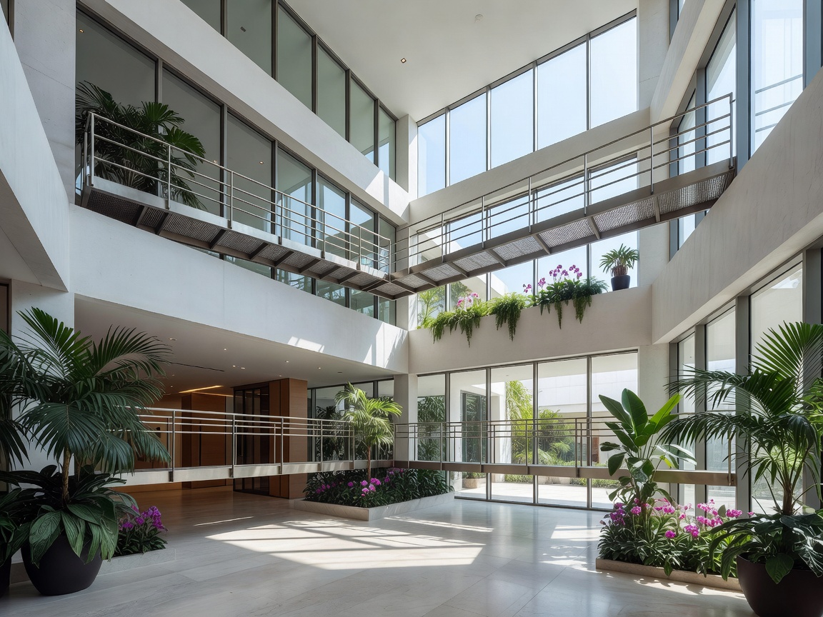 Modern resort atrium with clean architectural lines and environmental inspection walkways