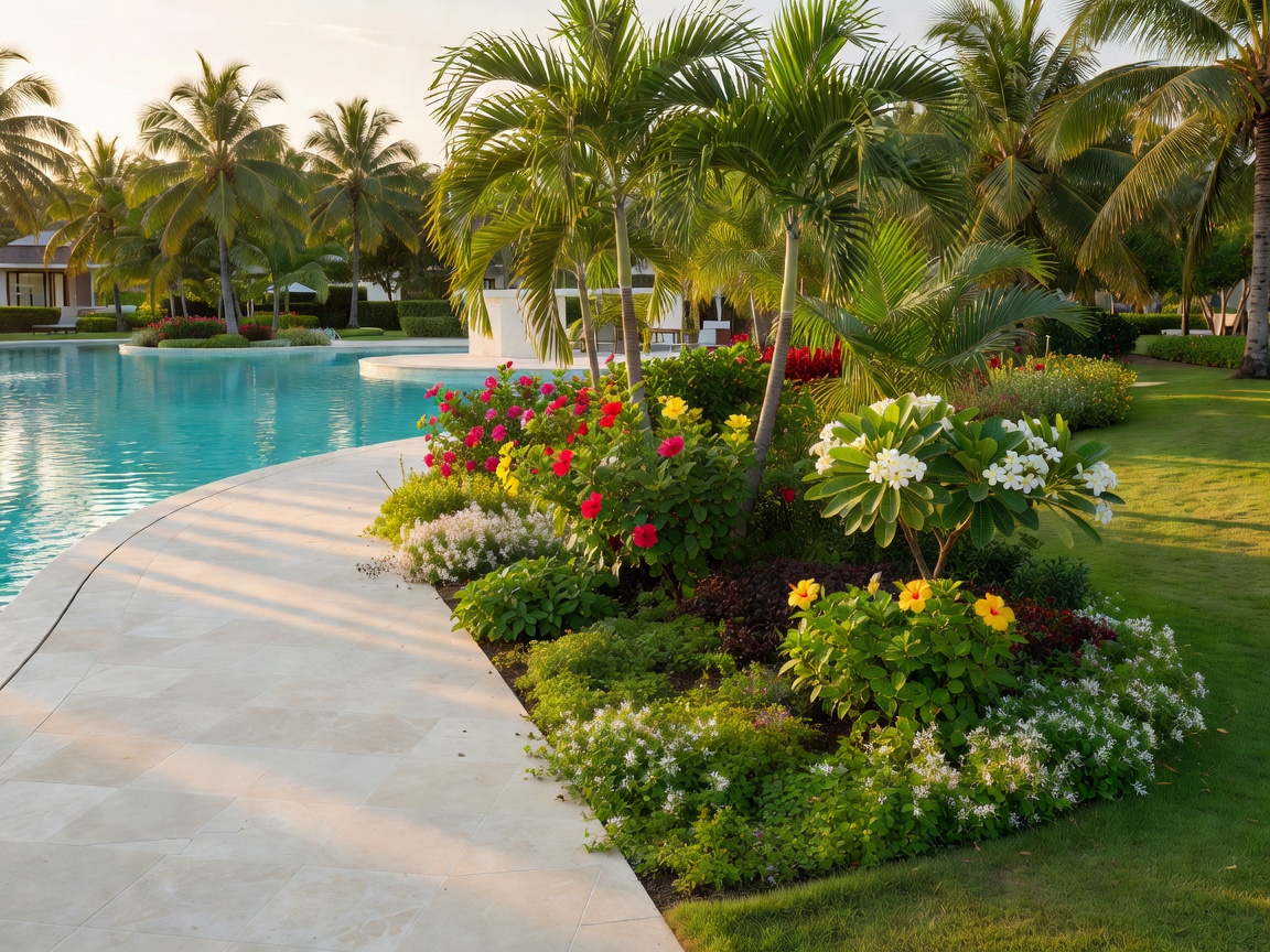 Resort poolside landscape and garden edge where outdoor pest pressure can be monitored